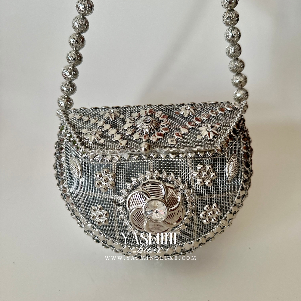 Silver Blossom Mesh Clutch